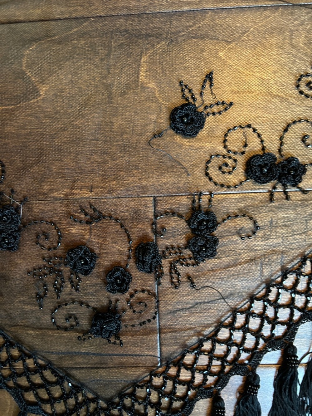 Black Lace Fringe Wrap Shawl - Elegant Evening Scarf - Picture 12 of 15